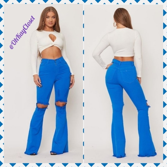 Flared leg jeans High Rise Bell bottom Frayed stretchy denim Blue Vibez … - Picture 3 of 7